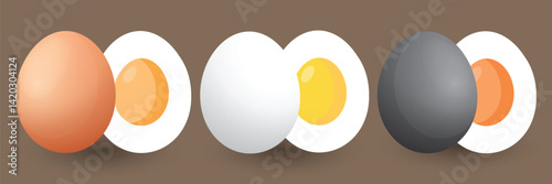Create a stylized illustration showing three types of eggs with varying shell and yolk colors. Place each whole egg next to its corresponding half to display the yolk and white contrast.