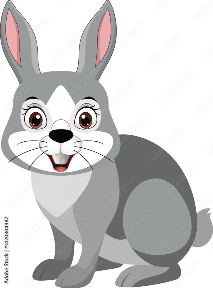 Obraz premium Gray vector cute cartoon rabbit with smile, big brown eyes, white muzzle, and cheerful smile on a white background