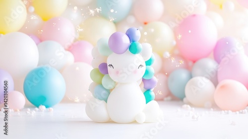Adorable unicorn balloon decoration amidst pastel balloons