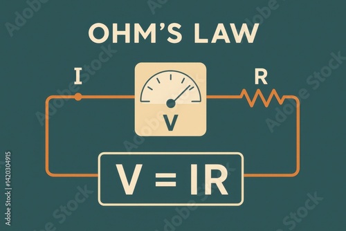 Flat illustration explaining Ohm’s Law with circuits and formulas.
