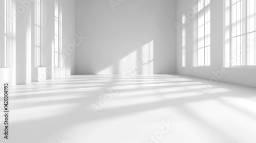 Empty, bright, modern space with large windows. Sunlight casts shadows on the floor