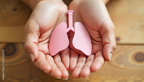 Caring hands holding paper lungs in warm indoor setting, health symbolism