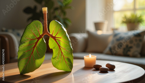 Imaginative leaves resembling lungs on wooden table, serene atmosphere