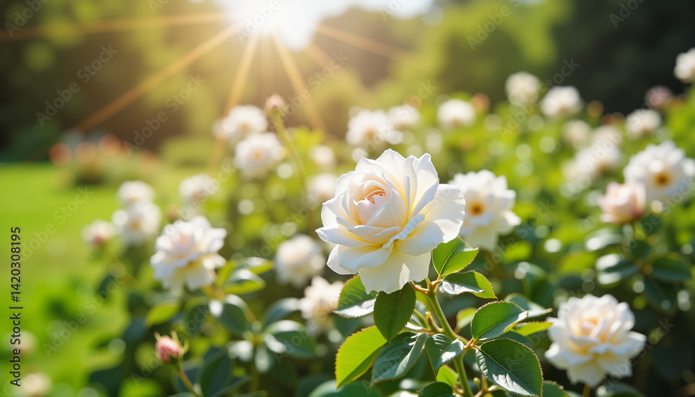 Lush white rose bush in sunny garden, beauty of nature