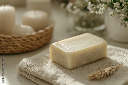 Rectangular soap bar on terry cloth near candles, and a bouquet of flowers
