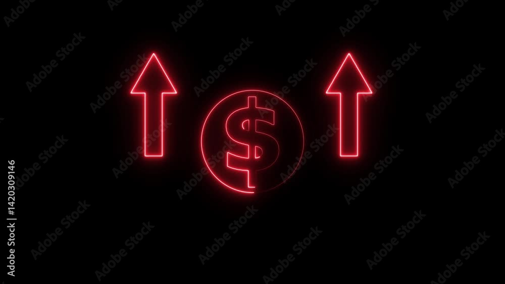 Glowing up arrow with dollar sign. Financial growing up concept neon icon animated on black background.