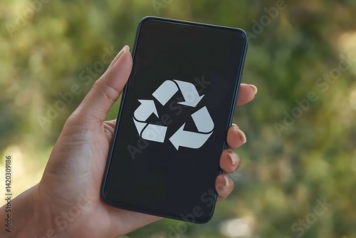 A hand holds a mobile phone displaying a recycle logo, promoting eco-friendly practices and the importance of waste reduction within personal lifestyles.