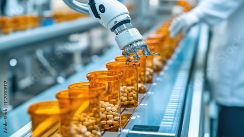 Wallpaper Mural Automated Robotic Arm Handling Orange Bottles of Capsules in a Pharmaceutical Manufacturing Facility with Lab Technician Present Torontodigital.ca