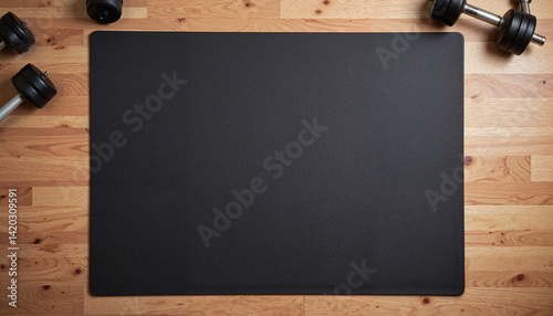 Workout mat on wooden floor with dumbbells