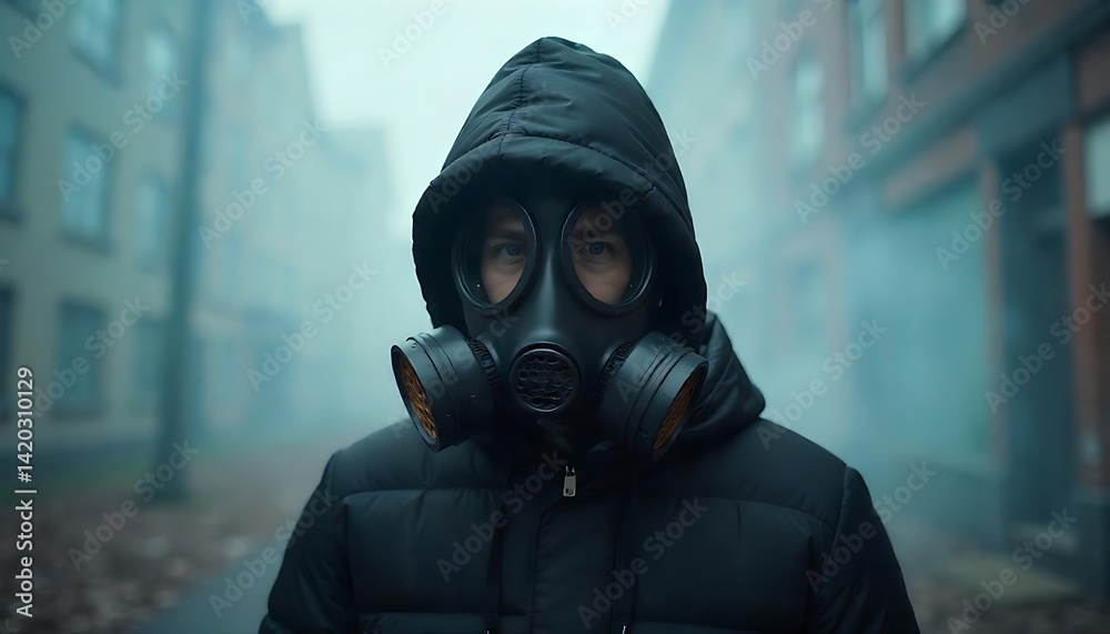 A person wearing a gas mask and a protective cloak stands in smoky air, representing the dangers of pollution from vehicles, created wth generative ai A person wearing a gas mask and a protective cloak stands in smoky air, representing the dangers of pollution from vehicles, created wth generative ai