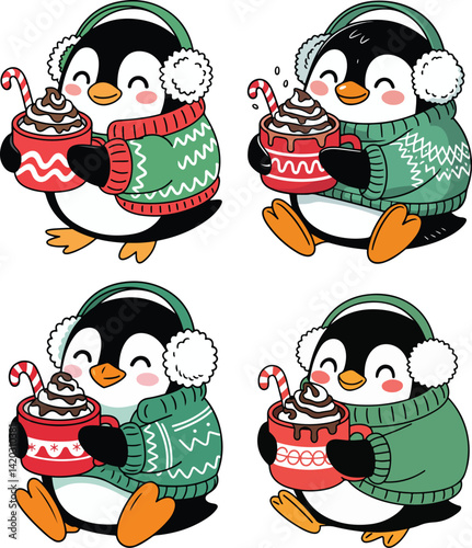 Cute Winter Penguin Clipart with Hot Chocolate – Cozy Christmas Illustration