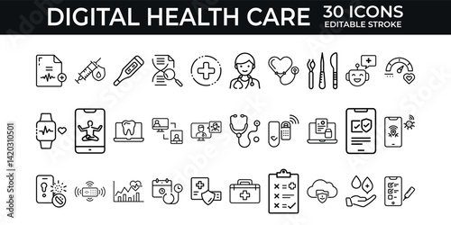 Healthcare &Technology Icons – Telemedicine, Pregnancy Apps, Smart Watches, Voice UI – Minimal Vector