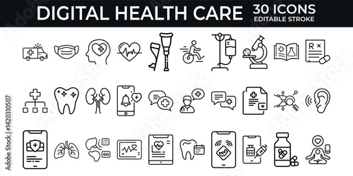 Big set of digital healthcare line icons. Diagnosis, technology, app etc. Editable stroke