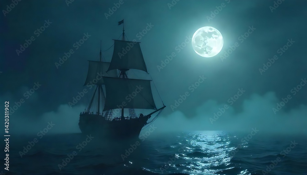 Fototapeta premium A medieval sailboat sailing on the sea, foggy nights, bright moonlight, eerie atmosphere, created wth generative ai