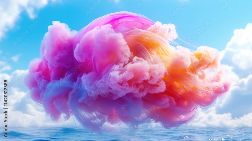 Fototapeta premium Vibrant, swirling cloud formation, suspended above a serene sea. Soft, pastel hues of pink and orange blend seamlessly, creating an ethereal, dreamlike scene against a bright, azure sky