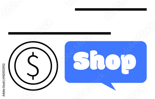Dollar sign enclosed in a circle beside a blue speech bubble with Shop text. Ideal for e-commerce, shopping, retail, business, marketing, finance, sales, simple landing page