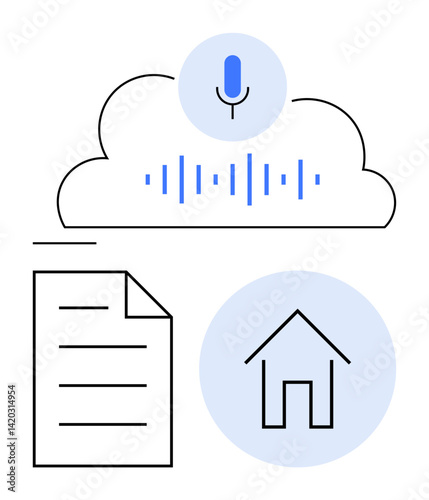 Cloud with microphone and sound waves, paper document, house icon. Ideal for communication, transcription, storage, analysis, collaboration accessibility security. Flat simple metaphor