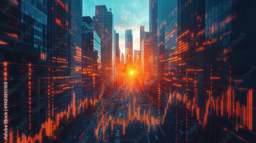 Fototapeta premium City street at sunset with digital data overlay