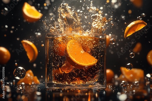 An Orange Soda Erupting in Slow Motion Inside a Geometric Cube, Surrounded by Suspended Bubbles and Mechanical Citrus Wedges, Set Against a Radial Amber-Lit Matte Black Background photo