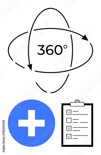 Rotating 360-degree arrows indicating a holistic approach, blue medical cross for health, and checklist for task completion. Ideal for healthcare, evaluation, thoroughness, planning, productivity