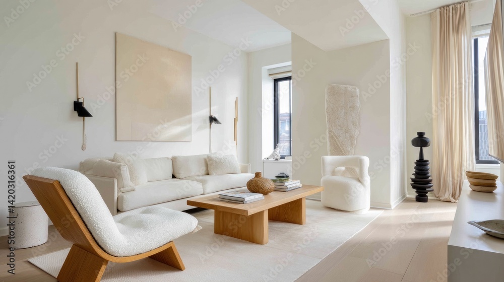 Fototapeta premium Minimal living space with off-white walls and one statement piece 
