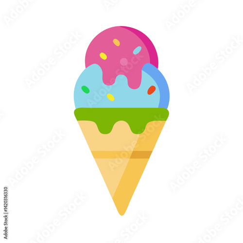Colorful Ice Cream Delight: A whimsical illustration of a delectable ice cream cone, featuring two vibrant scoops adorned with sprinkles, capturing the essence of summer fun and sweet indulgence.