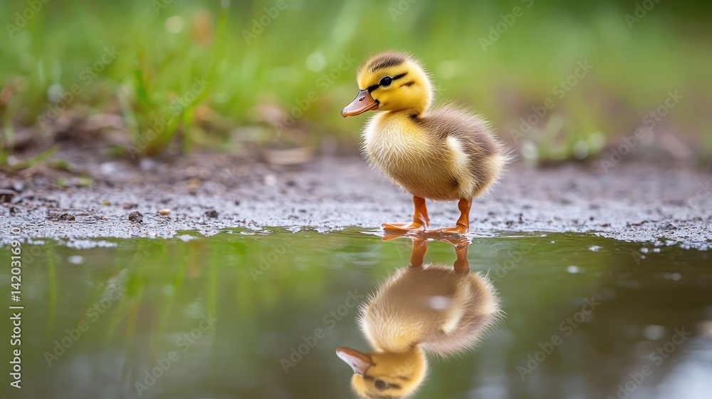 Cute duckling stands by a puddle reflecting nature Cute duckling stands by a puddle reflecting nature