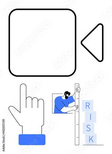 Hand pointing at play button, man measuring risk, stacked blocks. Ideal for strategy, planning, risk management, innovation, teamwork, leadership simple landing page