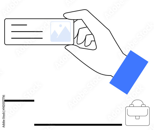 Hand holding rectangular business card with text, simple design iconography. Ideal for networking, branding, identity, corporate culture, minimalism, creativity communication. Flat simple metaphor