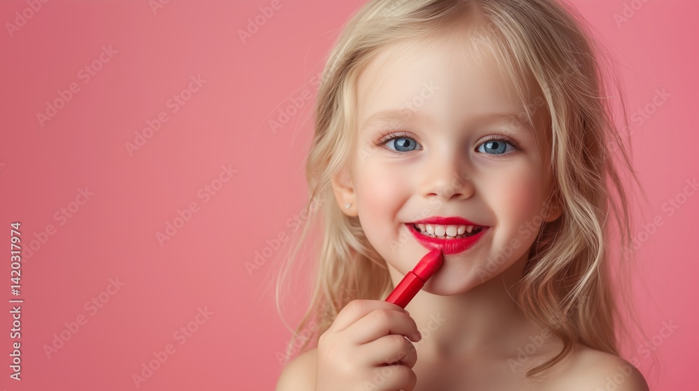 A young girl is holding a red lipstick and smiling A young girl is holding a red lipstick and smiling