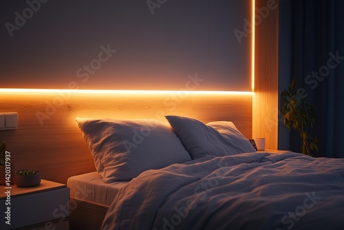 A Bedroom Featuring Floating Nightstands, a Backlit Headboard, and a Subtle Monochrome Palette, Blending Minimalist Design with Ambient Lighting for a Calm and Contemporary Sleeping Space photo