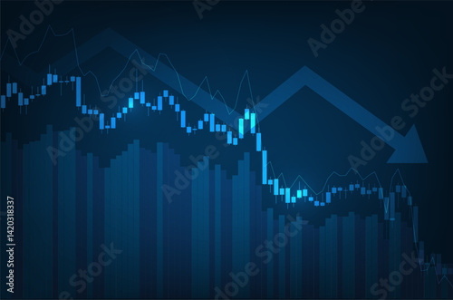 Vector blue glowing stock market fall chart - investment, global economics, cryptocurrency, trading, bear market, crisis