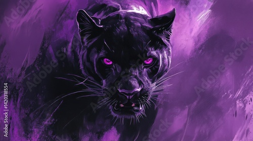 Powerful black panther portrait, purple background, artistic style, fantasy art