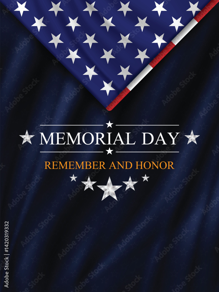 Memorial day banner background with folded US flag and silver stars. National holiday of the USA. Remember and honor. Vector illustration.