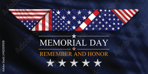 Memorial Day banner with folded triangle elements of the American flag. Memorial Day Remember and Honor on dark blue cloth background. Vector illustration.