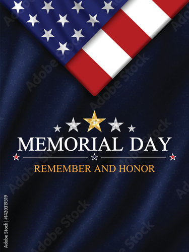 Memorial day banner background with folded US flag and silver stars. National holiday of the USA. Remember and honor. Vector illustration.