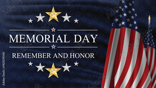 Memorial Day. Remember and Honor. United states flag poster. American flag and text on blue with stars background for Memorial Day. Vector illustration.