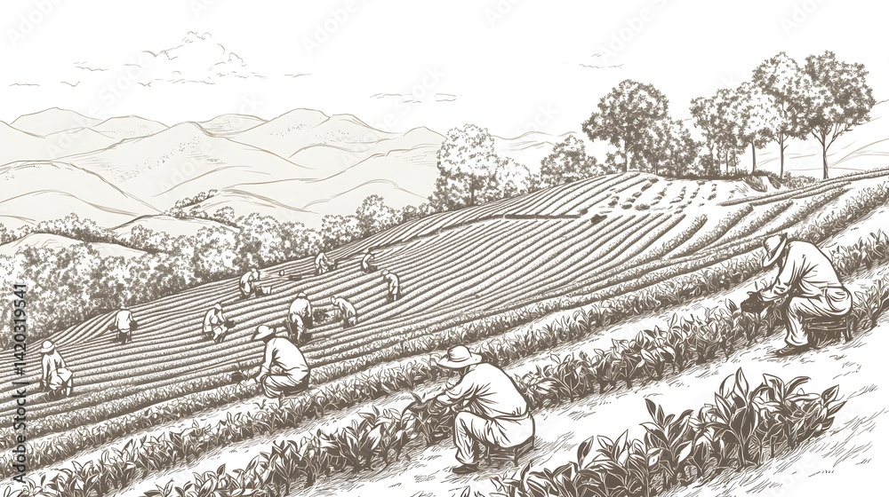 Fototapeta premium Vintage Style Illustration of Workers Cultivating Crops in Fields