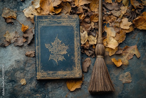 A Classic Broomstick Resting Beside a Worn Spellbook and Scattered Leaves, Evoking a Vintage Witchcraft Mood with Autumnal Elements and a Touch of Mystical Storytelling Ambiance