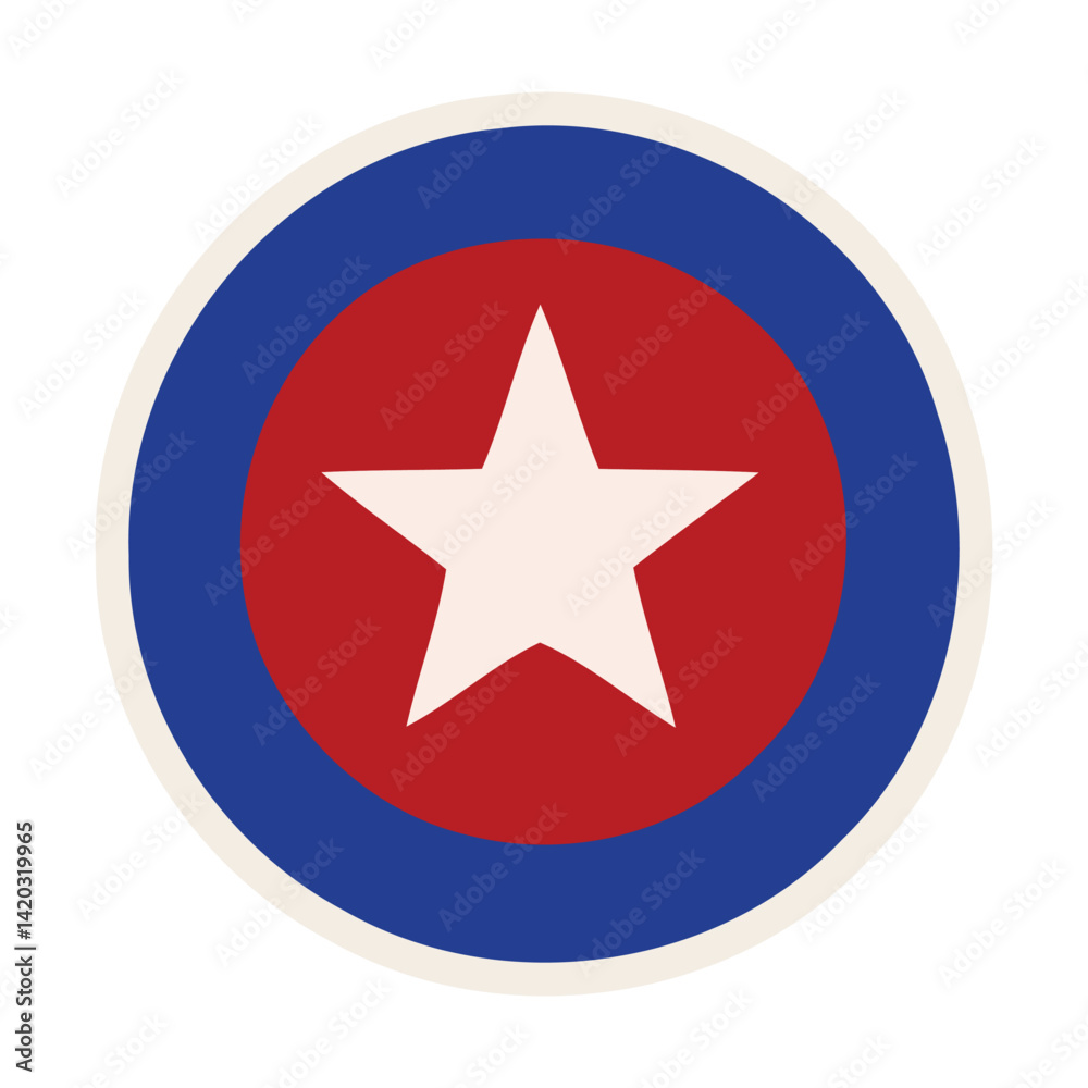 This is a shiny, round, red 3D button with a star icon and the usa national flag symbol This is a shiny, round, red 3D button with a star icon and the usa national flag symbol
