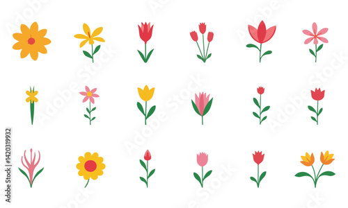 A vector set features colorful flower icons, a floral design with leaf elements, perfect as a spring or summer nature illustration