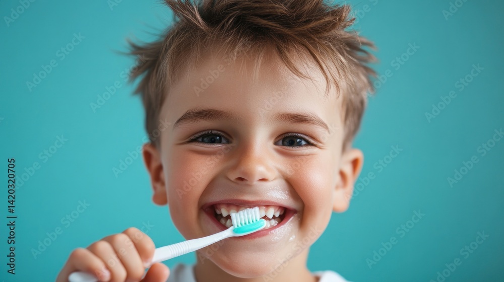 Happy child brushing teeth against a blue background Happy child brushing teeth against a blue background