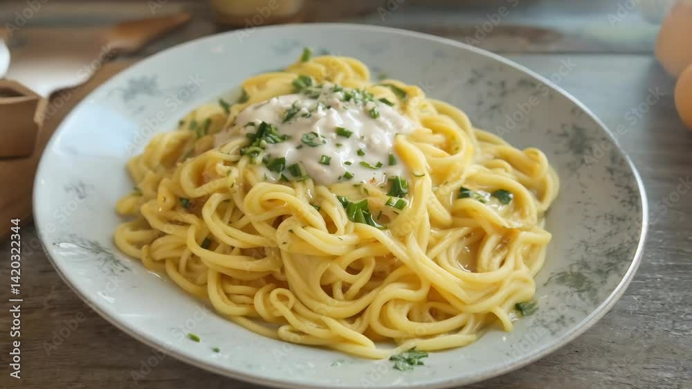 Camera gradually zooms out from plate of creamy spaghetti carbonara, revealing cozy Italian kitchen with natural light and hanging cookware. Concept of homestyle cooking and cultural tradition Camera gradually zooms out from plate of creamy spaghetti carbonara, revealing cozy Italian kitchen with natural light and hanging cookware. Concept of homestyle cooking and cultural tradition