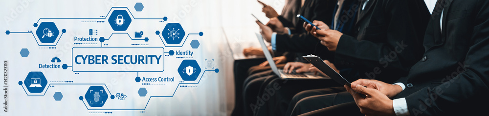 A professional business team actively engaging in cyber security strategies in a modern conference setting, showcasing technology and digital concepts for protection and management. Amity A professional business team actively engaging in cyber security strategies in a modern conference setting, showcasing technology and digital concepts for protection and management. Amity