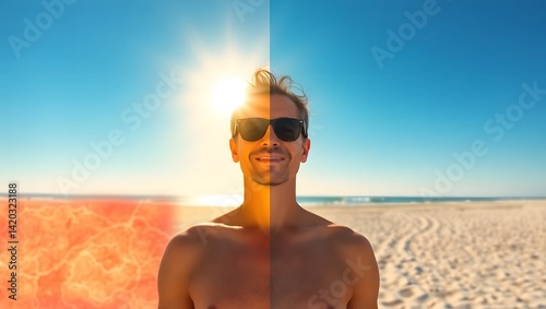 Split screen of sunburned and protected skin of man in intense sunlight at beach,  UV damage comparison