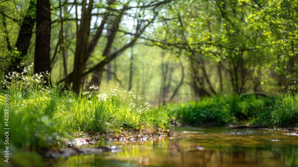 Beautiful spring forest with green trees and a small river, blurred background Beautiful spring forest with green trees and a small river, blurred background