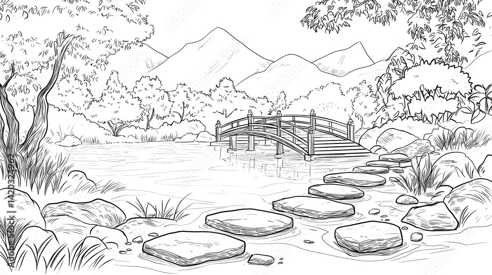 Fototapeta premium Tranquil River Scene with Bridge and Stones in Nature Setting
