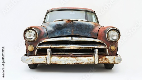 Rusty vintage car with white background.