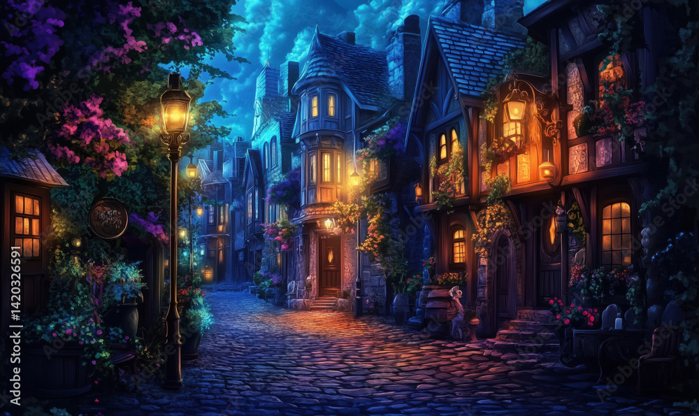 Charming cobblestone street illuminated by warm lights in a magical village at night. Charming cobblestone street illuminated by warm lights in a magical village at night.
