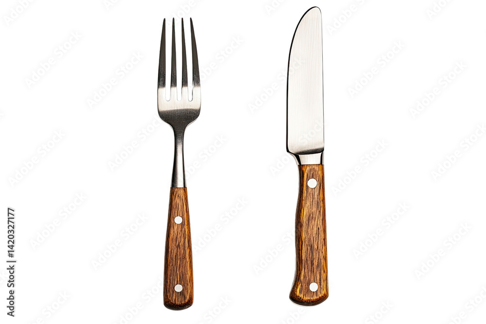 Naklejka premium A rustic elegance: a simple yet sophisticated knife and fork set with warm wooden handles against a stark white background.